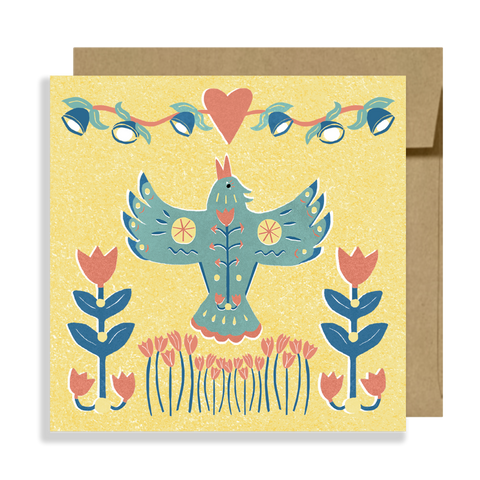 Folk Bird Yellow Greeting Card